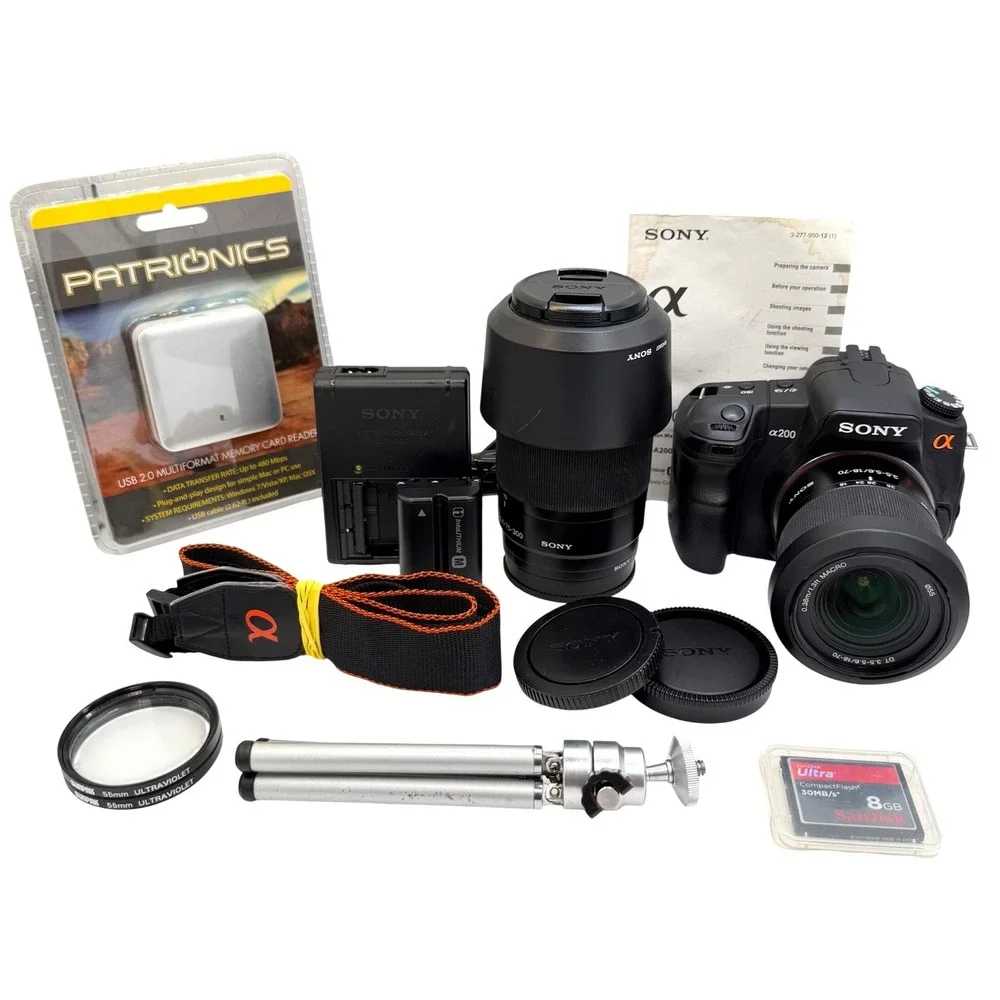Sony Alpha DSLR-A200 Camera Bundle 18-70mm 75-300mm Lenses 8GB CF Card Tripod